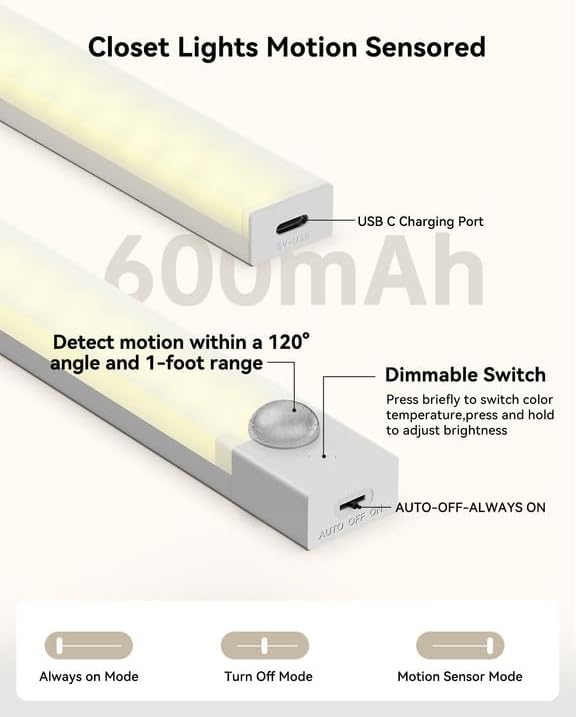 Under Cabinet Lights 8 Inch 3-Pack, Rechargeable Battery Operated Motion Sensor Light Indoor, Dimmable Closet Lights, Wireless Under Counter Lights for Kitchen, Stairs
