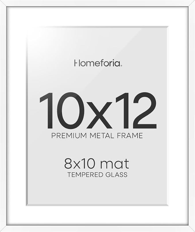 Homeforia 10x12 Picture Frame White, High End Metal 10x12 Poster Frames with Mat for 8x10, 10 x 12 White Frame Matted to 8 x 10 inch Photo, 10by12 Thin Hanging Frames, Tempered Glass, Wall Kit, Set of 2