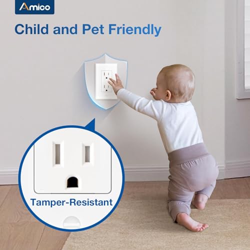 Amico 30 Pack Single Pole Decorator Light Switch with Wallplate and 50 Pack 15A Wall Outlet, White Decorator Receptacle with Wall Plate, UL Listed
