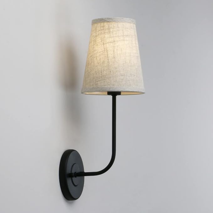 PERMO Rustic Vintage Wall Sconce Set of 2 Single Sconce Light with Flared Funnel Linen Fabric Shade Nightstand Lamps for Bedrooms Bedside Reading Living Room (Matt Black)
