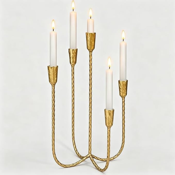 17.5 Inch 5-Arm Candle Cast Iron Metal Candelabra Candlestick Holders | Tall Antique Brass Taper Candle Holder, Vintage Farmhouse Centerpiece for Wedding, Fireplace Mantel & Dining Room Table Decor
