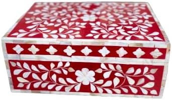 Decorative Storage Box Of Mother Of Pearl Inlay Floral Design Wooden Storage Box For Home Decoration For Living Dining & Bedroom (Red_9x6x3.5 inch)