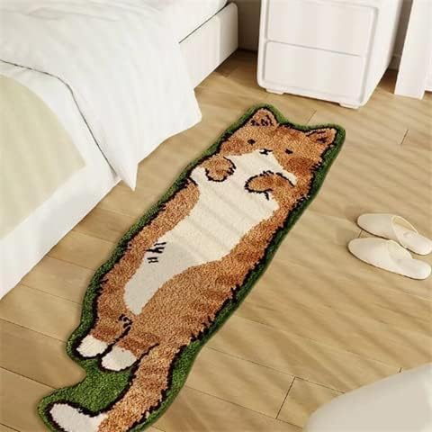 Cat Rugs, 1.3' X 3.9' Small Cute Irregular Shaped Rug for Bedroom Bathroom Room, Funny Cartoon Pet Area Carpet Kid Rugs, Cat Decor Dog Shaped Pet and Children Entryway Runner Rug (A Green Cat)