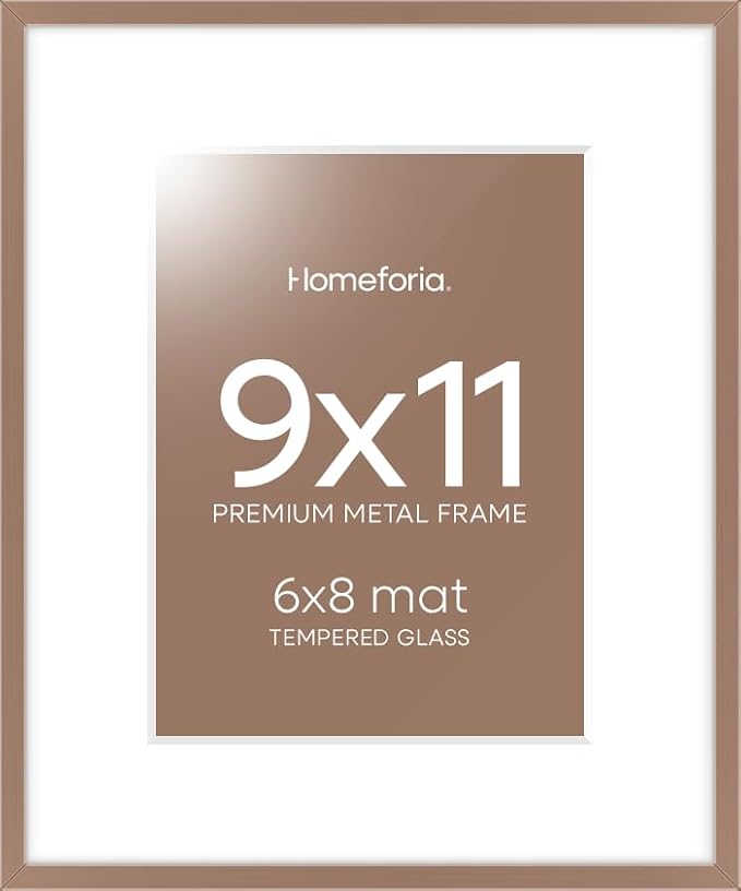 Homeforia 9x11 Mocha Frame, High End Metal 9 x 11 Picture Frames with Mat 6 by 8 inch Photo, 9by11 Thin Poster Frame Matted to 6x8 Print, 11x9 Wall or Tabletop Frame, Tempered Glass, Wall Kit, Set of 2