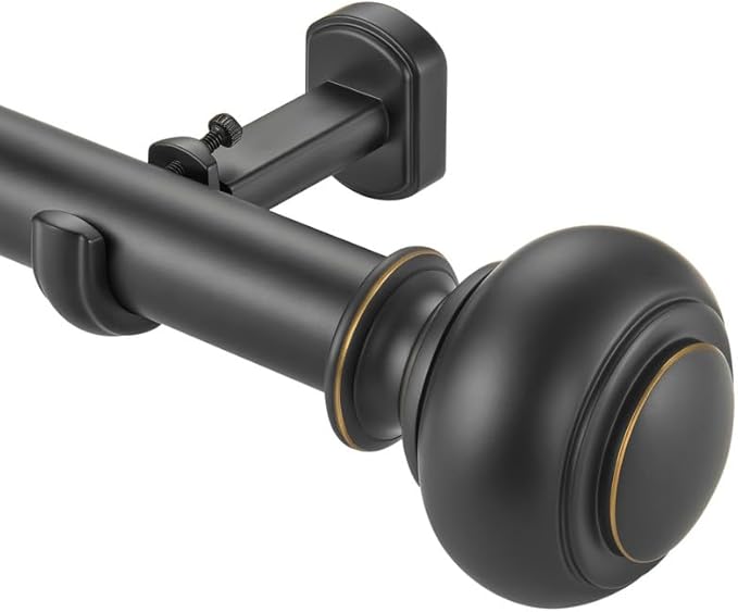 Heavy Duty Curtain Rods, 1 1/8" Diameter Curtain Rod for Window 36-72 Inch(3-6ft), Single Drapery Rods with Classic Finials and Adjustable Aluminum Alloy Brackets, Matte Black