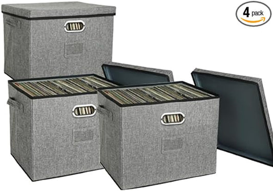 12-Inch Vinyl Record Storage Boxes with Lids and Handles, Stylish and Practical LP Record Organizer for 100+ Single Records, Suitable for Living Room, Study, Concert Hall or Office (Grey, 17"-3 Pack)