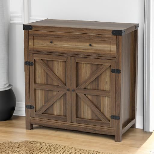 YESHOMY Farmhouse Coffee Bar Cabinet Sideboards, with Barn Doors, Spacious Drawer, Adjustable Interior Shelf, Generous Top Surface, for Kitchen, Bathroom, Entryway, Living Room, Rustic Brown