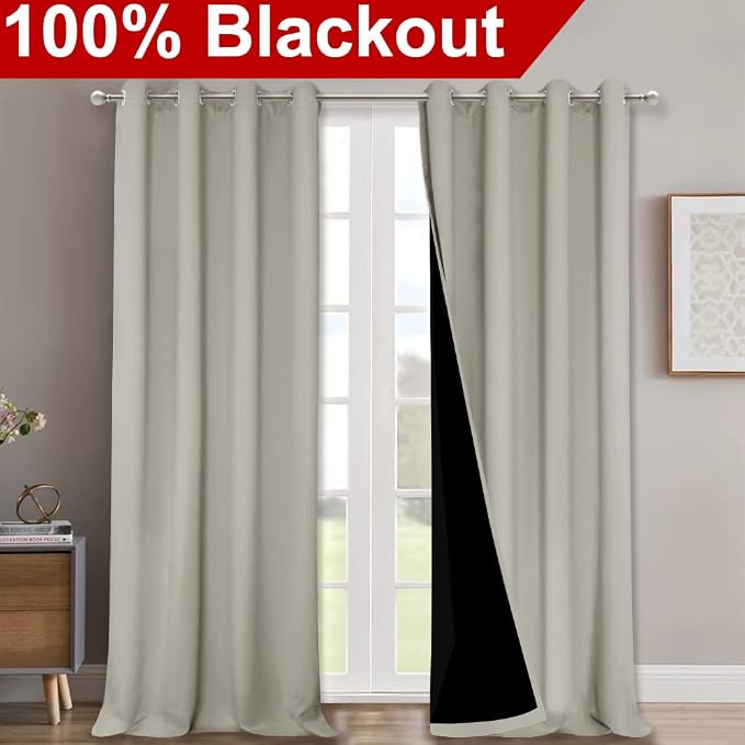 NICETOWN 100% Blackout Blinds, Set of 2, 46" x 102", Natural, Laundry Room Decor Window Treatment Curtains for Large Patio Sliding Door, Thermal Insulated Curtains for Bedroom