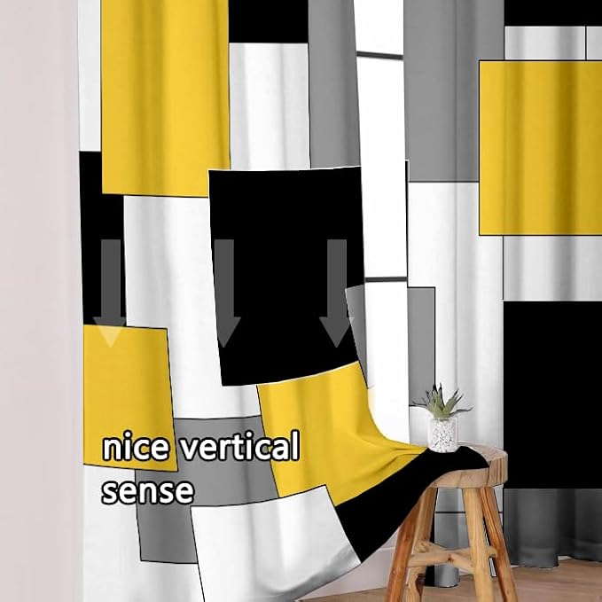 Yellow and Black Geometry Curtains Length Room Modern 42W x 63L Inch Grey Abstract Rod Pocket Curtain for Bedroom Kitchen Living Room Window Drapes 2 Panels