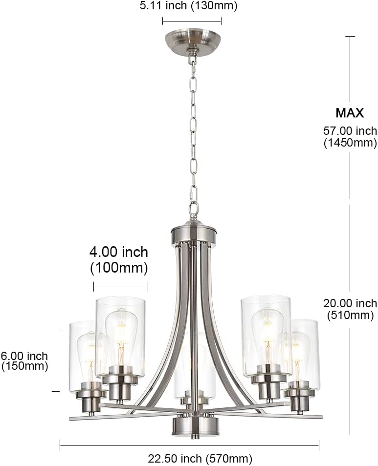 BONLICHT Traditional Chandelier Lighting 5 Light Brushed Nickel Modern Light Fixtures Hanging Pendant Lighting with Clear Glass Shade Classic Ceiling Lights for Kitchen Dining Room Living Room Island