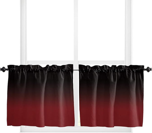 24 Inch Long Tier Curtains for Kitchen, Black Red Gradient Bathroom Window Curtains Rod Pocket Short Curtains Window Treatment Tiers for Living Room Farmhouse 2 Panels