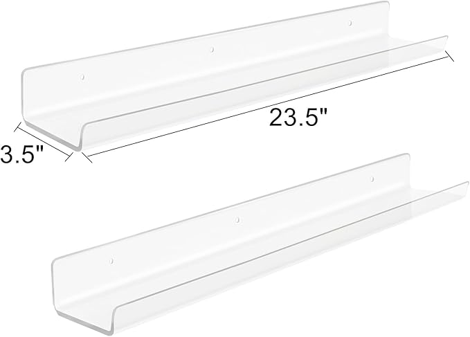 ROYALITA 24 Inches Acrylic Floating Book Shelves Wall Mounted Set of 2, Wall Hanging Plant Display Shelves, Room Decor Floating Wall Shelves for Gaming Room, Bedroom, Living Room, Office, Clear