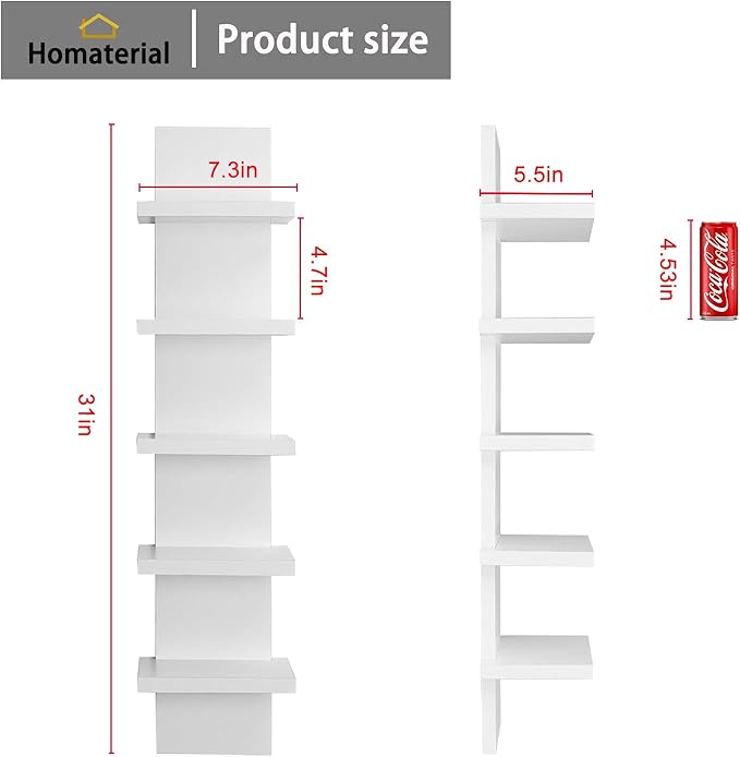 Homaterial 5 Tier Shelvesl, Vertical Column Wall Decor Mount Floating Shelves for Bedrooms, Living Rooms, Natural Finish Wall Shelf, Black