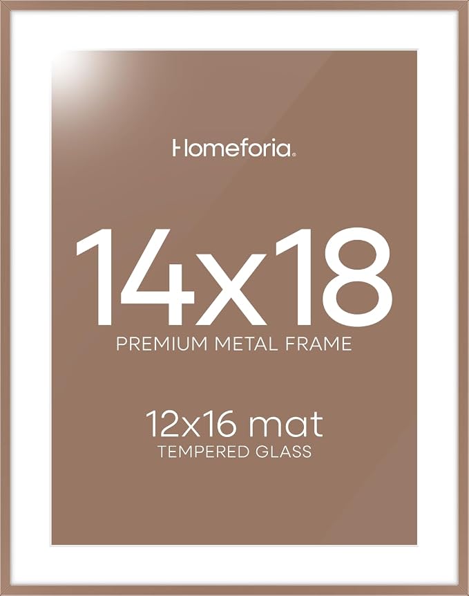 Homeforia 14x18 Picture Frame Mocha, High End Metal 14x18 Poster Frames with Mat 12x16 Photo, 14 x 18 Mocha Frame Matted to 12 by 16 Print, 18by14 Thin Hanging Frames, Tempered Glass, Wall Kit, Set of 2