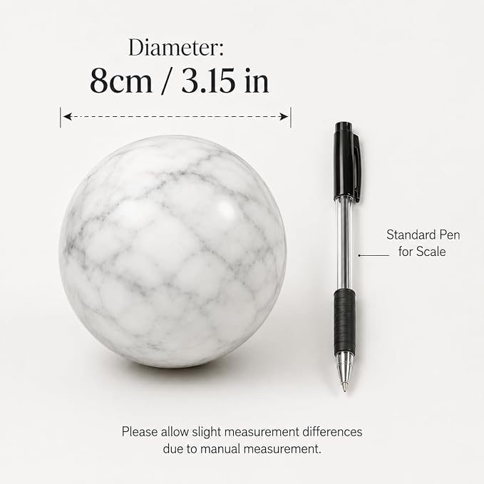 White Marble Decorative Sphere, 8cm Natural Stone Orb | 3.15 in Stone Decor Balls for Coffee Table, Decorative Bowl, Entryway and Console Table Styling
