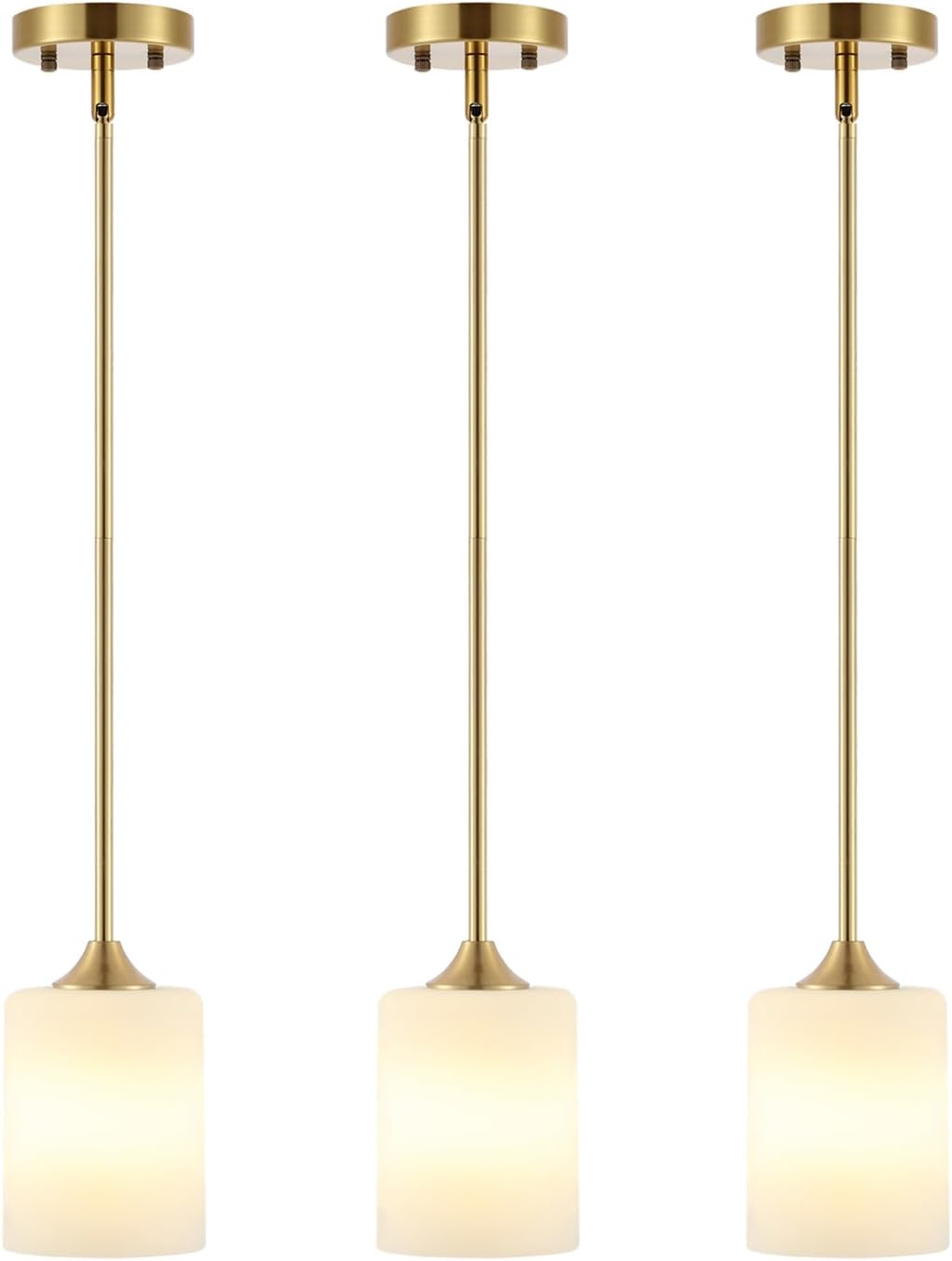 Modern Gold Pendant Light 3 Pack Brushed Brass Mid Century Chandelier White Cylinder Glass Shades Adjustable Rods Farmhouse Ceiling Hanging Lighting Fixture Kitchen Island Dining Room Bedroom