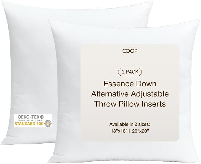 Coop Home Goods Essence Adjustable Throw Pillow Inserts 20x20, Set of 2, Adjustable Down Alternative Cushions for Couch, Bed, or Chair, Decorative Square Pillows for Living Room, Oeko-Tex Certified