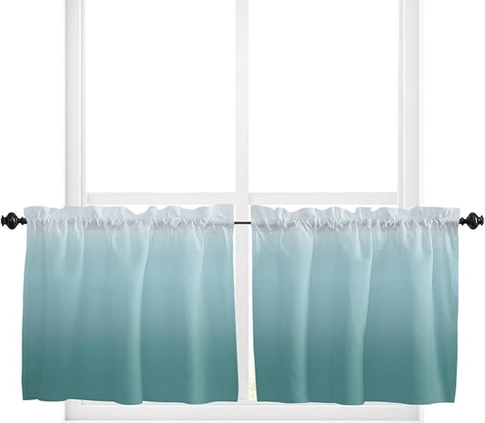 24 Inch Long Tier Curtains for Kitchen, Turquoise Green Gradient Color Bathroom Window Curtains Rod Pocket Short Curtains Window Treatment Tiers for Living Room Farmhouse 2 Panels