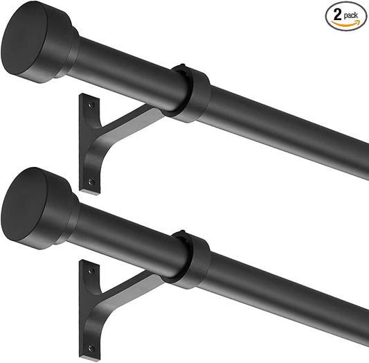 2 Pack Heavy Duty 1 Inch Diameter Single Curtain Rods 72-144” Adjustable Window Curtain Rod with Aluminum Alloy Cylindrical Cap Finials, Wall Mount and Ceiling Mount, Matte Black