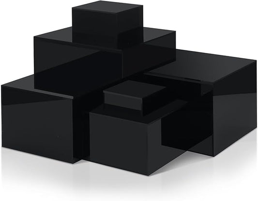 Geelin 6 Pack Acrylic Risers for Display Acrylic Cube Boxes Risers Display Stands with Hollow Bottoms Decorative Stand for Jewelry Candy Table Decor 6 Sizes(Black,3 to 8 Inch,Square)