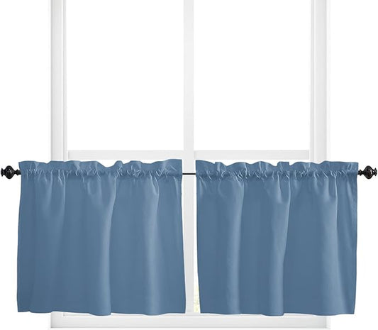 24 Inch Long Tier Curtains for Kitchen, Solid Color RoyalBlue Bathroom Window Curtains Rod Pocket Short Curtains Window Treatment Tiers for Living Room Farmhouse 2 Panels