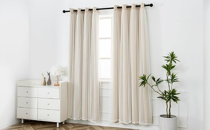 INLINAS Beige Blackout Curtains with Sheer Overlay - Grommet Top Thermal and Noise Reduction Panels for Bedroom and Living Room Light Blocking and Energy Saving, 52 x 96 Inches, Set of 2