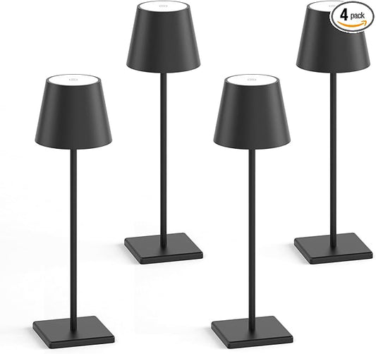 4-Pack LED Rechargeable Table Lamp, Battery Desk lamp 3W 5000mAh Battery Operated Stepless Dimming Modern Portable Table Light for Restaurant/Dinner/Bedroom/Outdoor IP54 Waterproof (Black)
