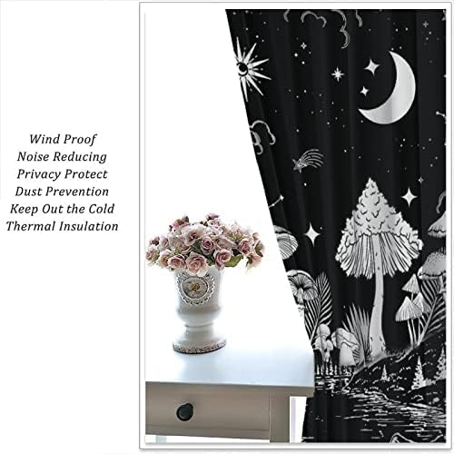 Black White Mushroom Curtains,Mountain with Pine Trees and Lake Landscape Window Drapes,Boho Galaxy Star Print Blackout Window Treatment for Bedroom Living Room College Dorm 63x72in