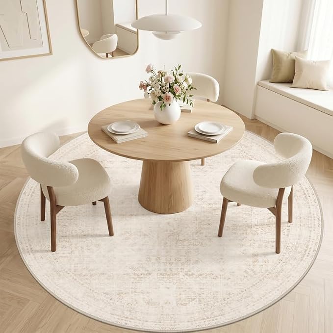 Round Area Rug for Living Room: 6ft Vintage Boho Neutral Washable Circle Rug Soft Large Circular Carpet for Bedroom Nursery Farmhouse Dining Room Office Floor Non-Slip Low Pile Under Table Rug Beige