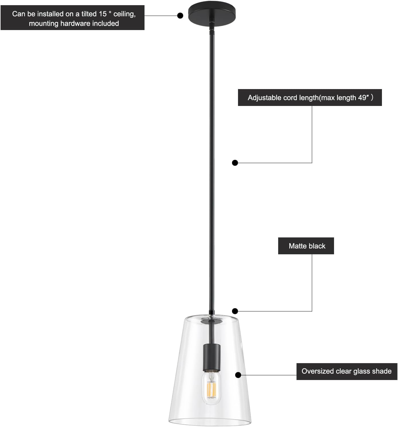 Black Big Pendant Lights Kitchen Island - Clear Glass Pendant Light Fixture Multiple Stems Rods 3 Units 12 Inch 3 Units 4 Inch (2 Pack Black Downrod Pendant with 7.5in W 9.5in H Shade)