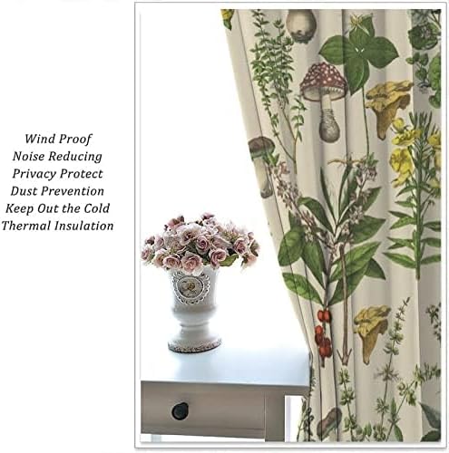 Vintage Botanical Curtains,Antique 1900s Plants Herbs Mushroom Blackout Window Drapes for Kitchen,Boho Retro Wildflower Green Leaf Ferns Farmhouse Window Treatment for Living Room 52x84in
