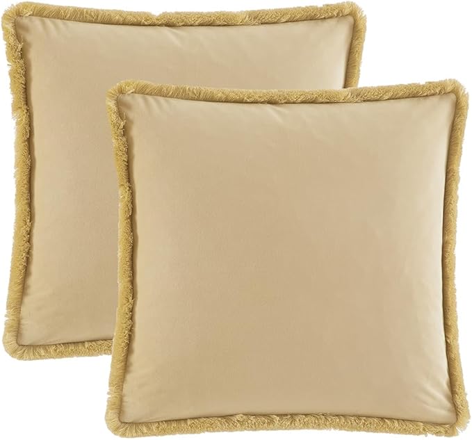 JUSPURBET Pack of 2 Khaki Decorative Fringe Velvet Throw Pillow Covers 16x16 for Home Decor Living Room Bedroom Car Boho Soft Cushion Cover with Hidden Zipper Machine Washable
