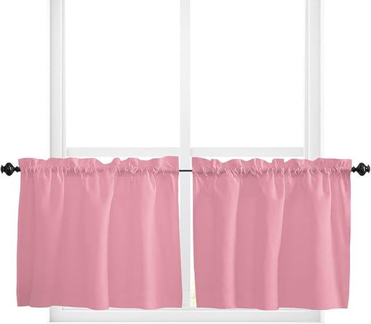 24 Inch Long Tier Curtains for Kitchen, Pure Pink Solid Color for Girls Bathroom Window Curtains Rod Pocket Short Curtains Window Treatment Tiers for Living Room Farmhouse 2 Panels