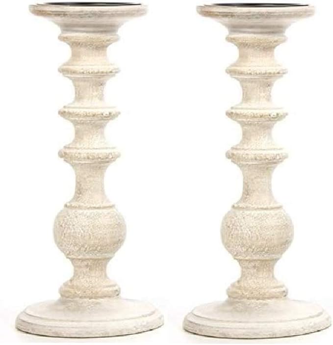 Hosley Set of 2 White Wooden Pillar Candle Holder 11 Inch High Country Style Ideal for Weddings or Parties as Well as Home Decor