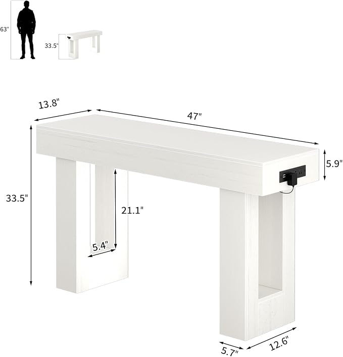 Unikito 47" Entryway Table with Socket and Sensor Light, Narrow Console Table with Storage Behind Couch, Farmhouse Entry Way Tables with Open Storage for Entrance/Hallway/Living Room, Rustic White