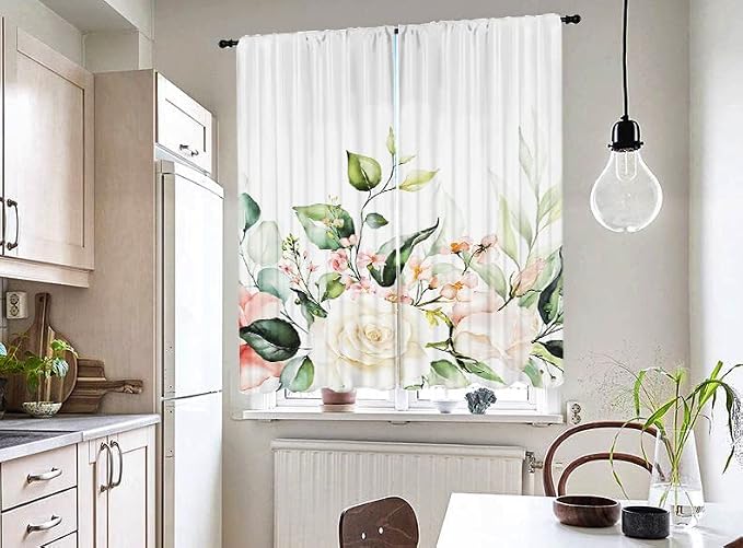 Colorful Floral Plants Kitchen Curtains 27.5Wx39H Inch Rod Pocket Small Curtains for Bedroom Room Colorful Watercolor Leaf Plants Floral Window Treatments Decorative for Living Room 2 Panels