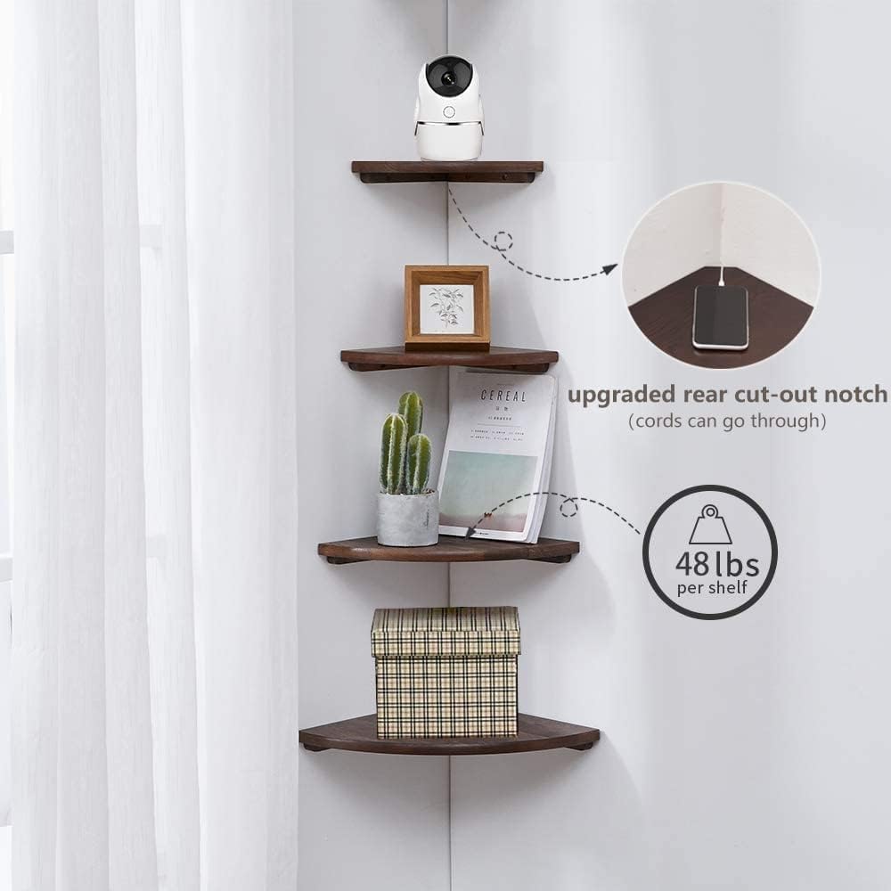 Corner Shelf, Solid Oak Wood Floating Corner Shelf Wall Mount Round End Floating Speaker with Wire Hole for Small Plant Photo for Bedroom Kitchen, Living Room Walnut
