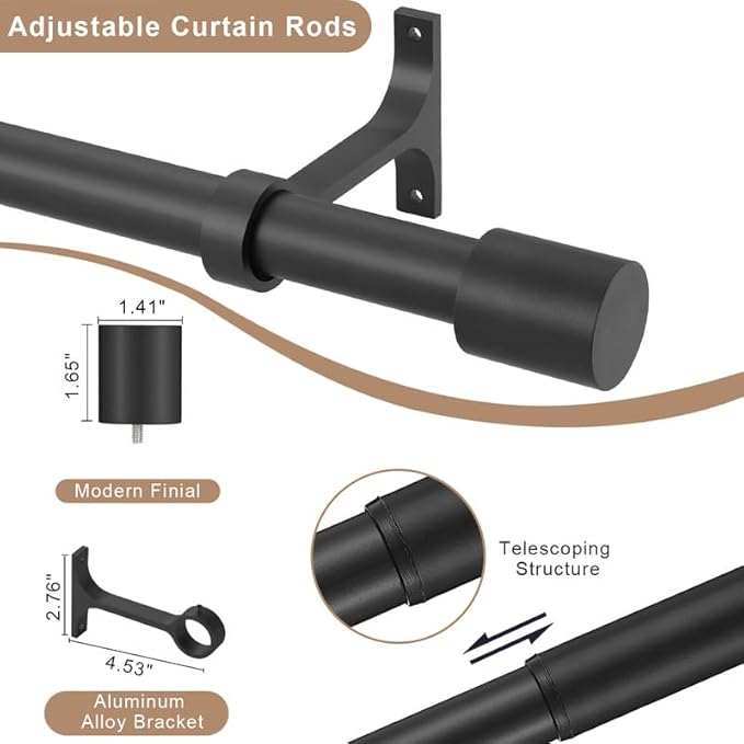 2 Pack Matte Black Curtain Rods for Window 36-72", Decorative Curtain Rods with Cap Finials, Adjustable 1-Inch Thicken Single Curtain Rods Telescoping Drapery Rods