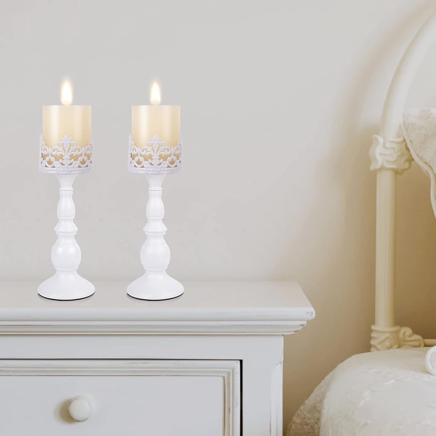 Candle Holders for Pillar Candles Gothic Matte Black Vintage Tall Candle Holders Set of 2 Decorative Large Table Centerpieces Candle Stand Decor (White 2PCS A)