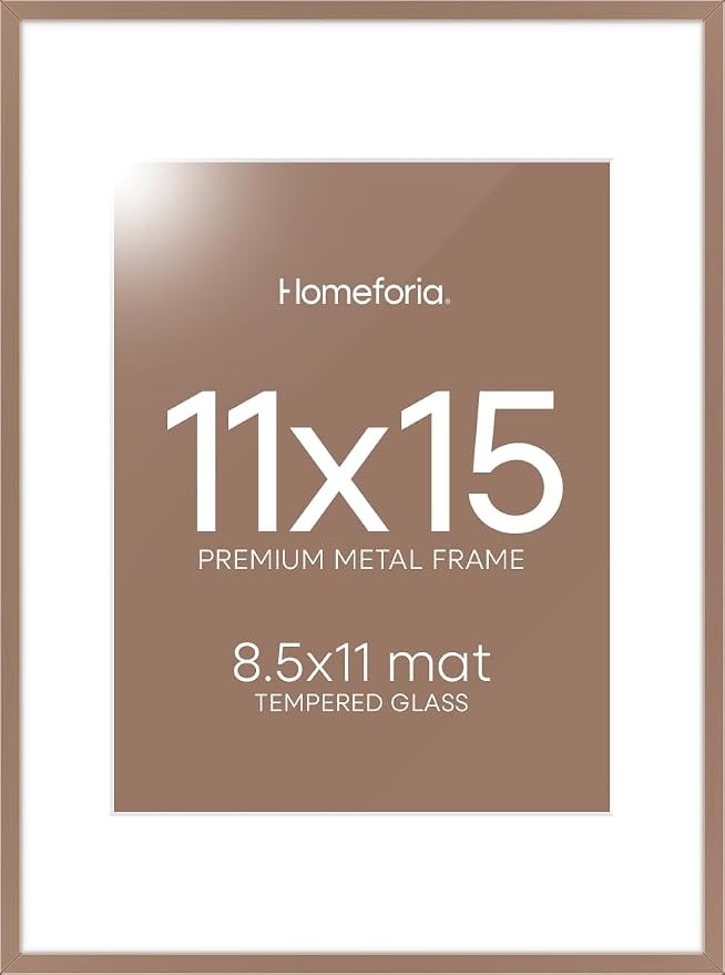Homeforia 11x15 Picture Frame Mocha, High End Metal 11x15 Poster Frames with Mat for 8.5x11, 11 x 15 Mocha Frames Matted to 8.5 x 11 inch Photo, 11by15 Hanging Frames, Tempered Glass, Wall Kit, Set of 2