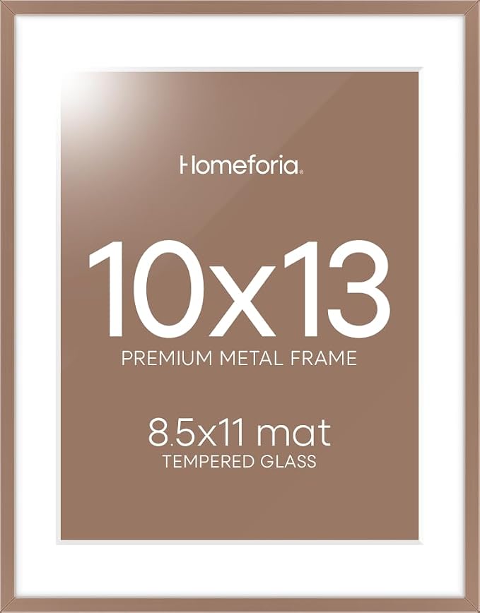 Homeforia 10x13 Picture Frame Mocha, High End Metal 10x13 Poster Frames with Mat for 8.5x11, 10 x 13 Mocha Frames Matted to 8.5 x 11 inch Photo, 10by13 Hanging Frames, Tempered Glass, Wall Kit, Set of 1
