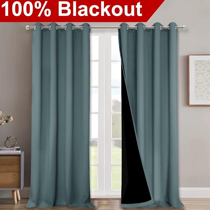 NICETOWN 100% Blackout Blinds, Set of 2, 46" x 102", Greyish Blue, Laundry Room Decor Window Treatment Curtains for Large Patio Sliding Door, Thermal Insulated Curtains for Bedroom