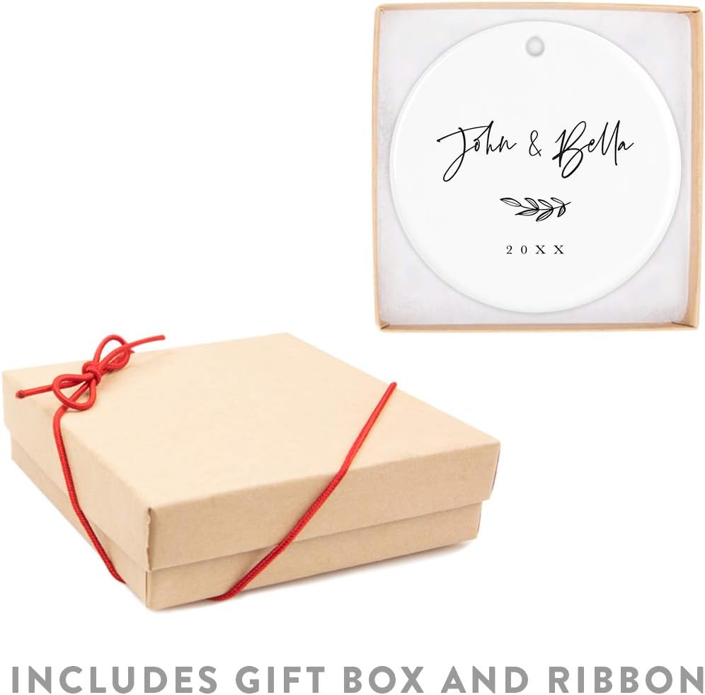 Andaz Press Personalized Round Ceramic Porcelain Christmas Tree Ornament Engagement Keepsake Collectible Gift, John & Olivia, Antique Handdrawn, 1-Pack