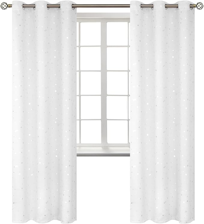 BGment Kids Blackout Curtains for Bedroom - Grommet Thermal Insulated Silver Star Print Room Darkening Curtains for Living Room, Set of 2 Panels (42 x 84 Inch, White)