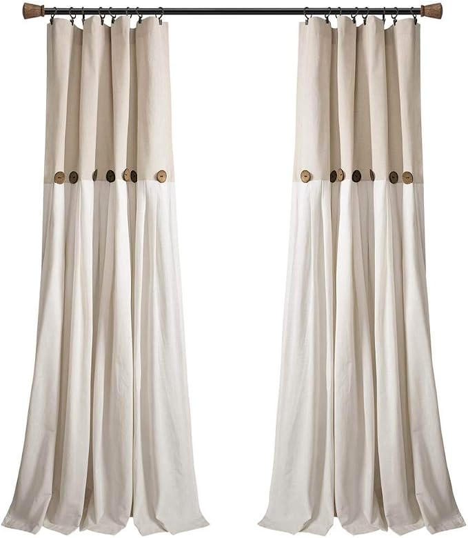 Lush Decor Linen Button Window Curtain Panel, Single, 40" W x 84" L, Linen- Country Curtains - Rustic Decor - Color Block - Modern Farmhouse Curtains