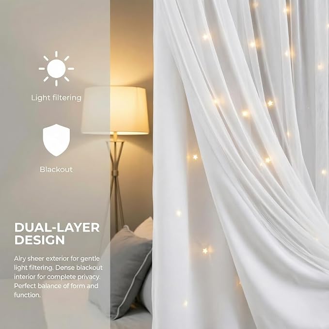 Kids Blackout Small Curtains for Bedroom/Living Room/Classroom, Sheer Overlay 2 Free Tiebacks,Double Layer Curtains with Star Cutout for Kids Room(W 52 x L 36 Inches,Greyish White 2 Pcs)