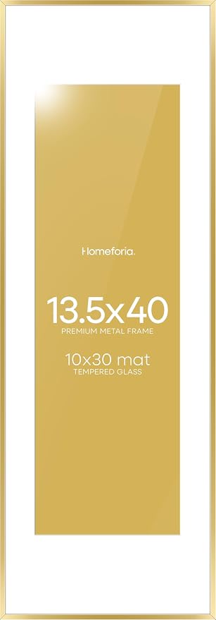 Homeforia 13.5x40 Panoramic Frame Gold, High End Metal 13.5x40 Picture Frames with Mat 10x30 Photo, 13.5 x 40 Poster Frames Matted to 10 by 30 Print, 40x13.5 Frames, Tempered Glass, Wall Kit, Set of 1