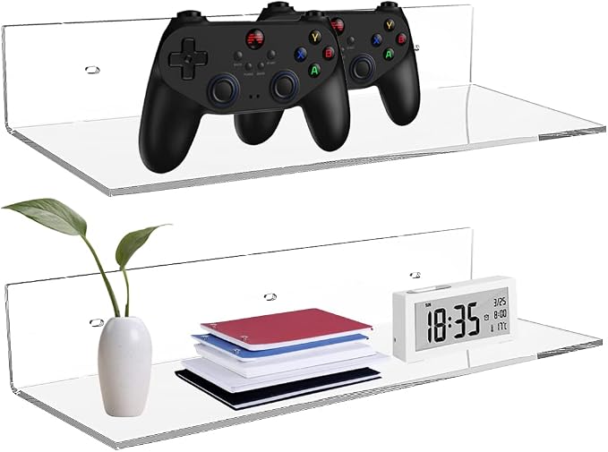 Sezanrpt 17 Inches Acrylic Wall Shelves 2 Pack, Floating Shelf for Wall Mounting, Acrylic Display Ledges for Funko Pop Figures, Home Décor, Living Room, Gaming Room, Plants(17 inch, Clear)