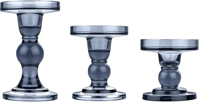 Lewondr Glass Candle Holders, 3 Pieces Crystal Clear Candlesticks with Elegant Design for Pillar Taper Candle and Tea Light, Home Table Living Room Wedding Party Decorations Home Décor - Smoky Blue