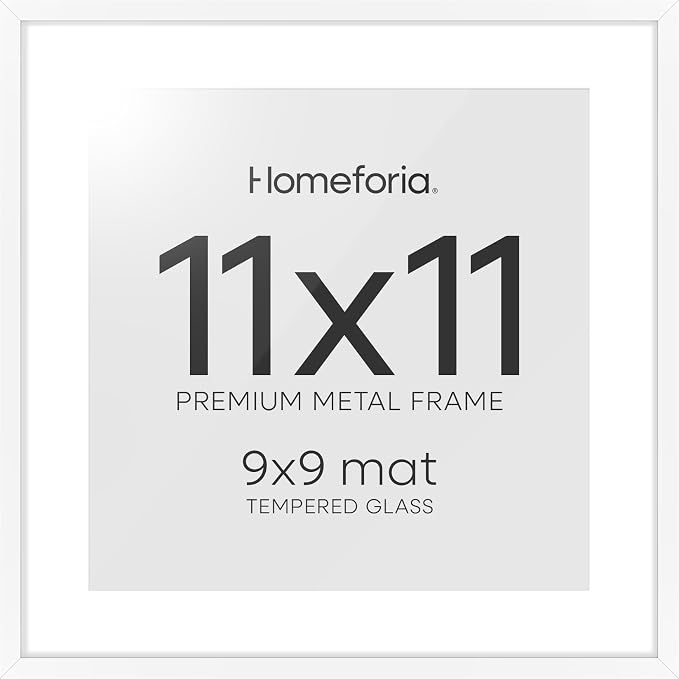 Homeforia 11x11 Picture Frame White, High End Metal 11 by 11 Square Frames with Mat 9 x 9 Opening, 11by11 Poster Frames Matted to 9x9 inch Photo, Wall Hanging Frame, Tempered Glass, Wall Kit, Set of 2